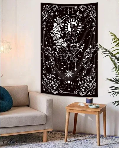 Vista 10 de Riyidecor Tapiz vertical de mujer misteriosa de fase lunar, bohemio, pequeño, gótico, para colgar en la pared, plantas florales, hojas estrelladas