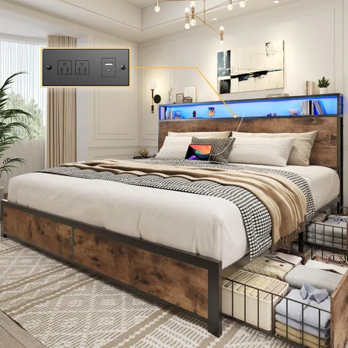 Vista 10 de Lifezone Base de cama Queen con cabecera de almacenamiento de 2 niveles, base de cama de plataforma de metal con 4 cajones de almacenamiento, gris
