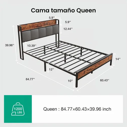 Vista 2 de Novilla Base de cama Queen con estación de carga USB/tipo C y cabecera de almacenamiento, marco de cama de plataforma de metal moderno, fácil