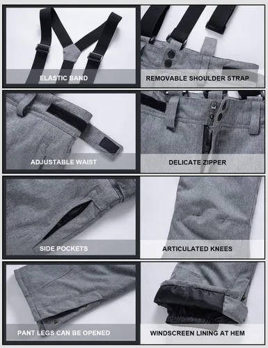 Vista 4 de ATOFY Pantalones de esquí para mujer, pantalones de nieve aislados, para invierno, cálidos, desmontables, tirantes al aire libre, impermeables