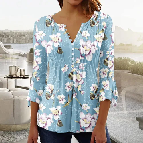 Vista 6 de Ceboyel Blusa tipo túnica con estampado floral para mujer, con botones, estilo Henley, con manga de codo, casual, trajes de moda para mujer