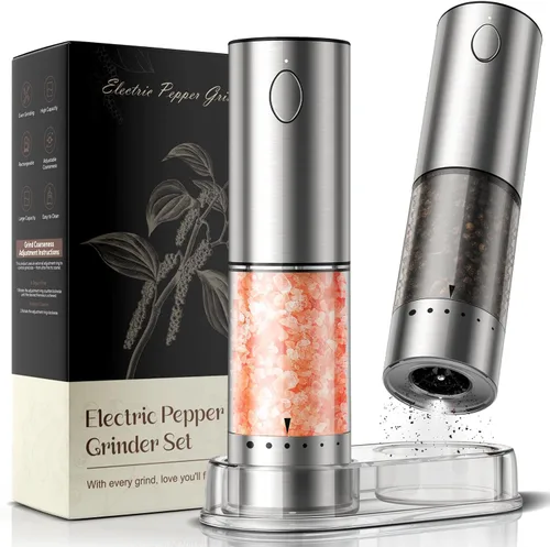 Vista 27 de Juego de molinillo eléctrico de sal y pimienta, automático para cocina, grosor ajustable, mayor capacidad, con luces LED, regalos de Navidad
