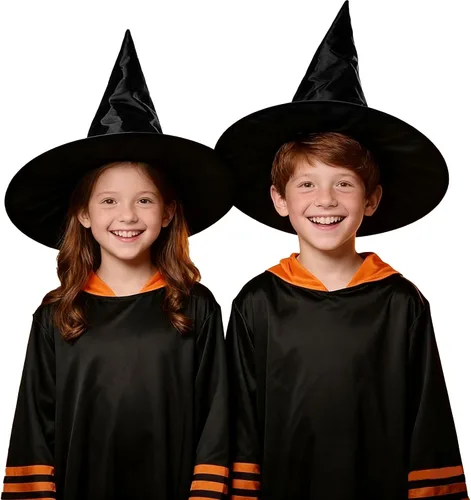 Vista 2 de Paquete de 2 sombreros de bruja negros para niños y adultos, sombrero de bruja con rop colgante para decoraciones de fiesta de Halloween
