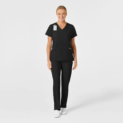 Vista 3 de WonderWink W123 6155 - Top estilizado con cuello en V para mujer, Negro