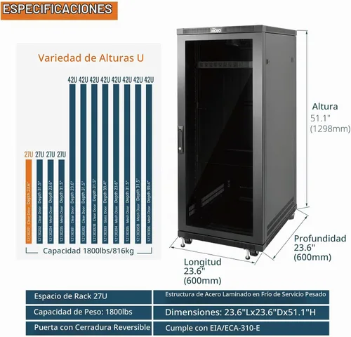 Vista 3 de Tecmojo Gabinete de rack de red, estante de servidor de 27U, profundidad de 23.6 pulgadas, soporta hasta 1800 libras, gabinete con cerradura