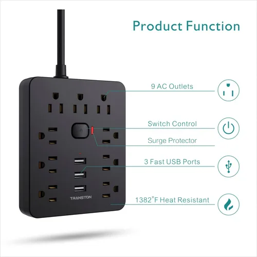 Vista 2 de Regleta protectora contra sobretensiones con 9 tomacorrientes, 3 puertos USB, estación de carga de escritorio ignífuga con enchufe plano