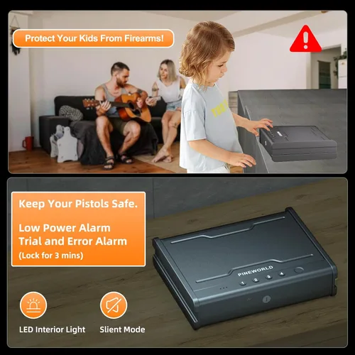 Vista 9 de PINEWORLD Caja fuerte para armas, caja de seguridad biométrica para pistola, caja fuerte para pistola con teclado retroiluminado de huellas
