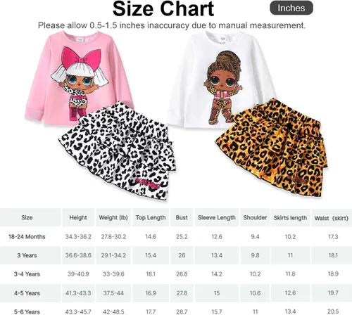 Vista 6 de L.O.L. Surprise! Conjunto de falda de manga larga para bebés y niñas pequeñas, falda de leopardo, conjunto de ropa de fiesta de 18 meses a 10 años