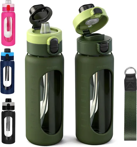 Vista 12 de ANOTION Botella de agua de vidrio de 24 onzas con popote y funda de Negro
