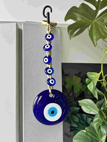 Vista 4 de Amuleto de cristal azul de 7.9 pulgadas con amuleto turco griego de nazar de buena suerte, adorno colgante hecho a mano para el hogar, oficina