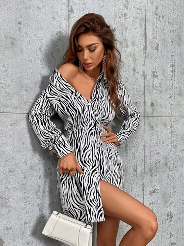 Vista 5 de WDIRARA Mini vestido tipo camisa de manga larga con cuello y abertura para mujer con estampado de cebra