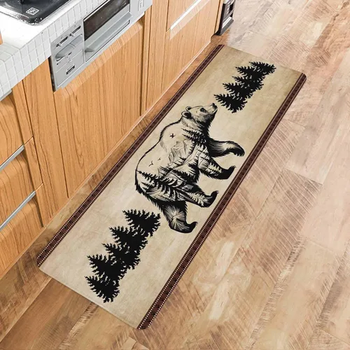 Vista 5 de Tapete de cocina, 1 unidad, diseño vintage de pino y oso, antifatiga, cómodo, de espuma viscoelástica, antideslizante, para puerta de baño
