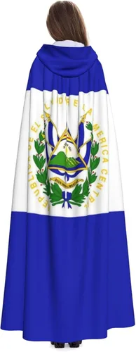 Vista 4 de Capa de bata con capucha para adultos para fiestas de Halloween, Navidad, bandera de El Salvador, disfraz de vampiro con sombrero negro, Negro