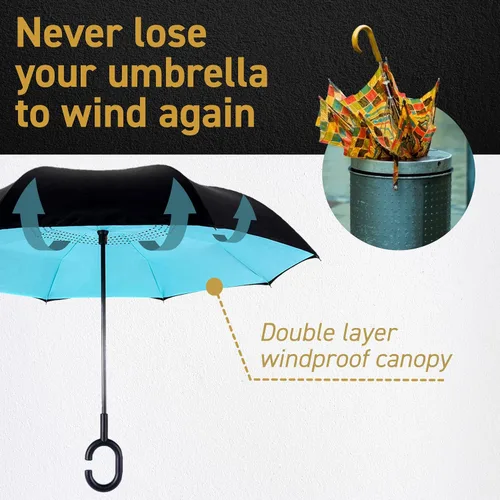 Vista 9 de Paraguas EEZ-Y invertido con doble capa de construcción resistente al viento, reversible y plegable para uso en el automóvil, mango en forma de C