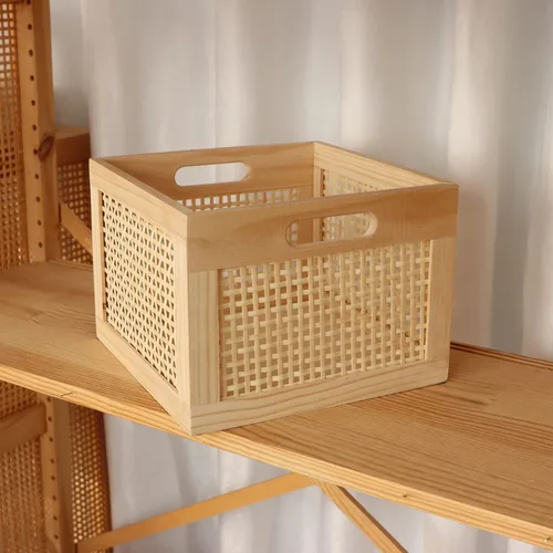 Vista 4 de YAHUAN Caja de Almacenamiento de Madera de Bambú Cubos Organizadores de Almacenamiento Contenedores Decorativos Cesta Cuadrada de Madera Cajas