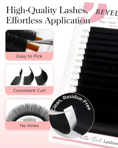 Vista 7 de BEYELIAN Extensiones de pestañas planas, extensiones de pestañas elípticas 0.15 C Curl 0.28-0.59 pulgadas 16 filas extensiones de pestañas negras