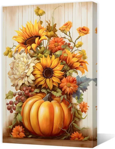 Vista 8 de QIXIANG Lienzo de otoño para pared, impresiones de imágenes de hojas de calabaza, imagen de otoño, decoración temática de Halloween, obra de arte