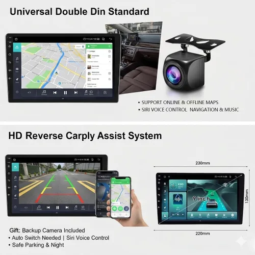 Vista 2 de Estéreo de auto doble DIN con CarPlay inalámbrico y Android Auto, radio de coche Android de 9 pulgadas con cámara de respaldo, Bluetooth 5.4