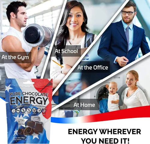 Vista 4 de Masticables energéticos de chocolate puro, con cafeína, chocolate negro (30 unidades)