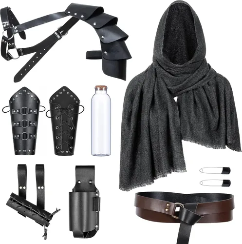 Vista 25 de Cinturón de cuero de caballero medieval para hombre, chal renacentista, capa de medio hombro, bufanda, brazaletes con hebilla, accesorios retro