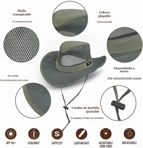 Vista 3 de Sombrero de Sol Safari de Corona de Malla para Hombres, Ala de 3 pulgadas, Cordón Ajustable para la Barbilla, Protección Solar UPF (SPF) 50+ Carbón