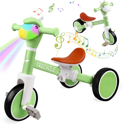 Vista 13 de Bicicleta de equilibrio para niños y niñas, triciclo para niños pequeños de 1 a 5 años, triciclo para niños pequeños con luz y música frontal