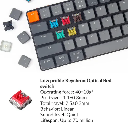 Vista 6 de Keychron K7 65% Layout Teclado mecánico USB inalámbrico ultradelgado intercambiable en calienteBluetooth con cable USB con interruptor óptico rojo