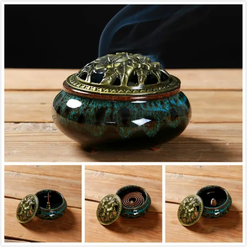 Vista 3 de Censer - Quemador de incienso azul cielo con soporte para varillas de incienso de calabaza - Incensario de porcelana para carbón para uso con resina