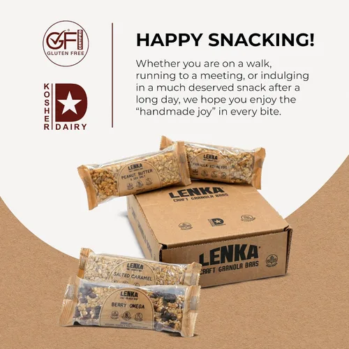 Vista 6 de Lenka Discovery - Paquete de 12 bocadillos de granola con alto contenido de fibra, caramelo salado, bayas omega, vainilla expreso, mantequilla