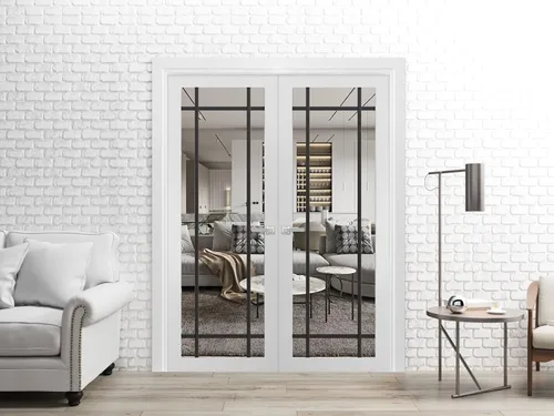 Vista 2 de SARTODOORS Lucia 2266 Puertas francesas interiores de doble oscilación con vidrio transparente, madera maciza, accesorios incluidos, 36x80