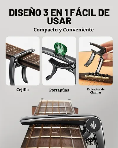Vista 3 de Donner Cejilla para guitarra eléctrica y acústica DC-2, Ukelele Capo Negro con 4 púas