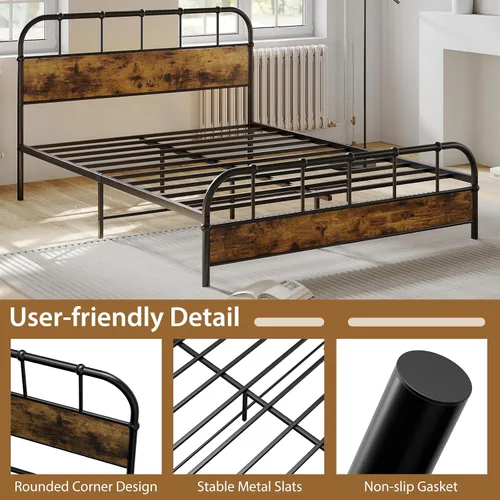 Vista 7 de Giantex Base de cama de metal tamaño Queen con cabecera de madera, base de cama de plataforma industrial con listones de metal resistente, base