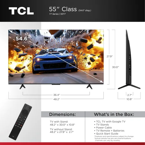 Vista 2 de TCL 55 Pulgadas Clase Serie T7 4K QLED HDR 55T7, Modelo 2025 Smart Google TV de 120HZ Frecuencia de Actualización, Alta Brillo, Dolby Atmos