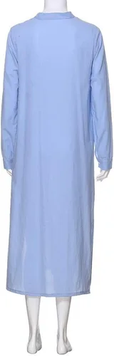 Vista 55 de Vestido de manga larga para mujer, casual, de algodón, lino, con botones, maxivestidos tipo caftán, blanco y azul