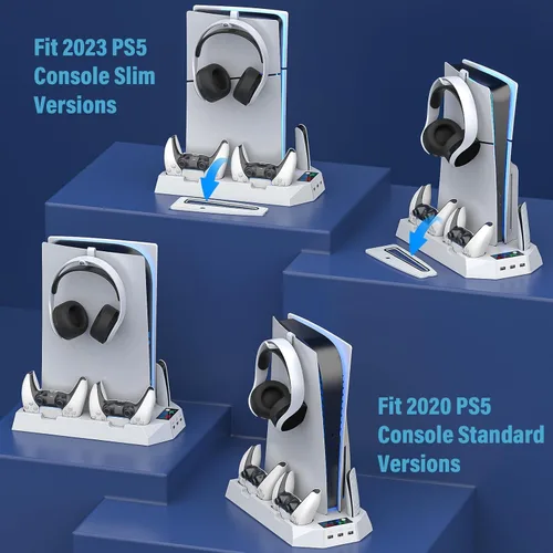 Vista 2 de Soporte delgado para PS5 y estación de refrigeración con estación de carga de controlador para Playsation 5 Slim & Standard Disc/consola digital