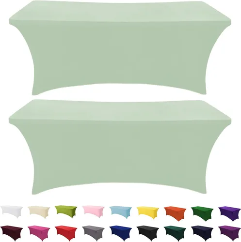 Vista 30 de Paquete de 2 fundas de mesa ajustadas rectangulares de spandex de 6 pies, color beige, mantel de tela elástica sin arrugas para fiestas, ferias