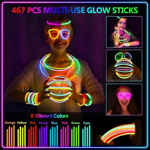 Vista 2 de BUDI 467 piezas de palos brillantes para fiestas para niños y adultos, suministros de fiesta que brillan en la oscuridad, accesorios para el 4