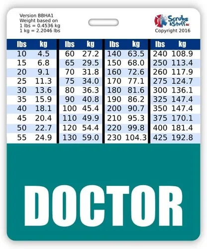 Vista 24 de Doctor Badge Buddy - Tablas de conversión horizontales con altura y peso (tamaño grande, negro)