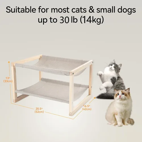 Vista 4 de Cama para gatos, hamaca de madera de doble capa para interiores y exteriores, cama elevada para perros pequeños, hecha de materiales naturales