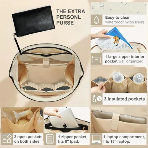 Vista 4 de miss fong Bolsa de pañales, bolsa de bebé, bolsa de pañales de cuero, bolsa de mano para bebé con 9 bolsillos, bolsa grande para mamá con bolso Negro
