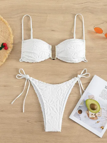 Vista 5 de WDIRARA Conjunto de bikini con lazo lateral para mujer, traje de baño de dos piezas con nudo lateral