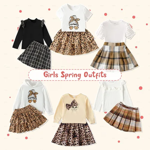 Vista 9 de PATPAT Conjunto de 2 piezas para niñas con camiseta de manga larga y falda de pata de gallo con botones