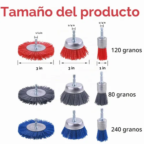 Vista 2 de Rocaris Paquete de 9 ruedas de cepillo de alambre abrasivo de filamento de nailon y cepillo de taza con vástago hexagonal de 1/4 pulgadas