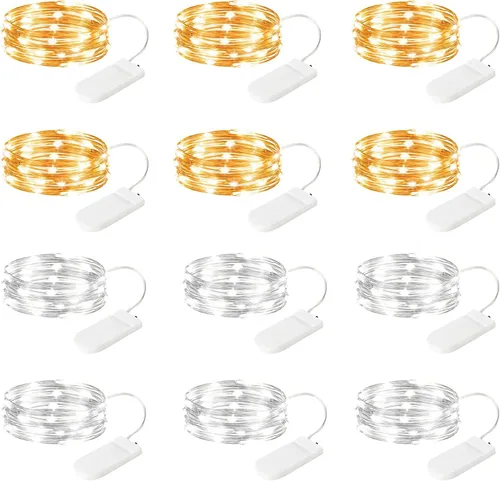 Vista 25 de Brightown - Paquete de 12 luces LED de hadas multicolor con pilas, resistentes al agua, cable plateado de 7 pies, 20 luces LED de luciérnagas