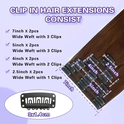 Vista 3 de Extensiones de cabello humano real con pinzas, 8 piezas, extensiones de cabello humano 100% Remy virgen con clip, extensiones de cabello humano liso