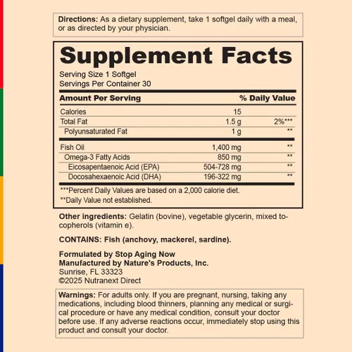 Vista 4 de Stop Aging Now - Suplemento de aceite de pescado Omega 3 - con EPA y DHA- 30 cápsulas blandas