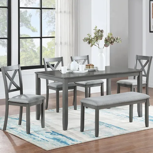 Vista 28 de LUMISOL - Juego de mesa de comedor de madera maciza con 4 sillas tapizadas y banco para cocina, comedor, sala de estar, gris plateado