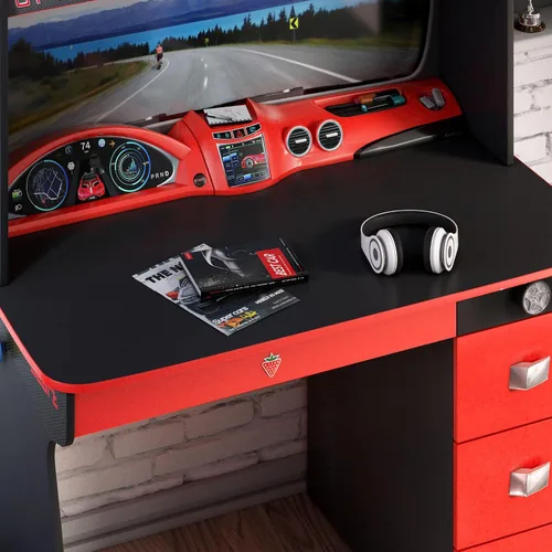 Vista 4 de Cilek GTS EV - Escritorio de estudio y gabinete con diseño de tablero de instrumentos de automóvil EV, estantes adicionales, cajones de cierre