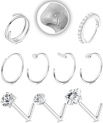 Vista 10 de Nose Rings Hoop and Nose Studs Sets for Women Men,Hypoallergenic 316L Surgical Stainless Steel Hinged Clicker Segment Nose Rings Hoop Helix