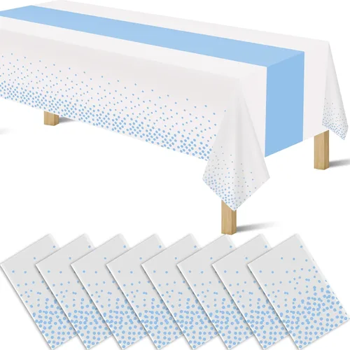Vista 10 de Manteles de plástico desechables 2 en 1 de 54 x 108 pulgadas, mantel rectangular de cocina con lunares negros y azules, para boda, cumpleaños, baby